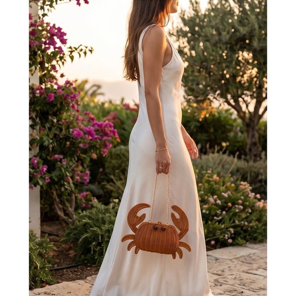 Novelty Crab Wicker Clutch‎ Bag Gold Chain Strap Coastal Summer Beach Crossbody